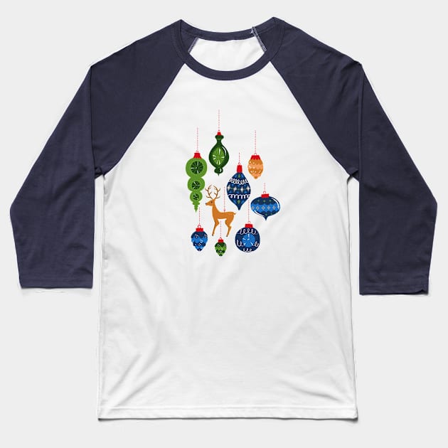 Holiday Ornaments in Red + Blue + Green Baseball T-Shirt by latheandquill